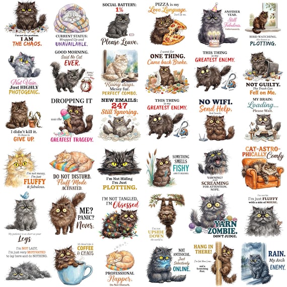 50 Funny Fluffy Cat Quotes PNG Bundle, Cute Cat Sublimation Designs, Humorous Kitty Graphics, Cat Lover PNG, Digital Download