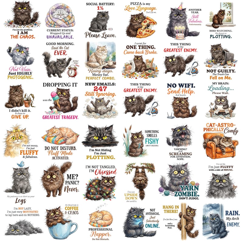 50 Funny Fluffy Cat Quotes PNG Bundle, Cute Cat Sublimation Designs, Humorous Kitty Graphics, Cat Lover PNG, Digital Download image 1