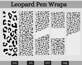 May include: Set of five digital pen wraps featuring a black and white leopard print pattern. The designs include a full pattern, a pattern with a corner cut out, and a pattern with a side cut out. The files are available in SVG, JPG, EPS, and PNG formats.