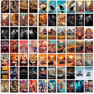 Pode incluir: Uma colagem de 64 imagens com v&aacute;rios temas vintage e retro. As imagens incluem carros, restaurantes, jukeboxes, barcos e pessoas com roupas vintage. As imagens t&ecirc;m um estilo colorido e nost&aacute;lgico.