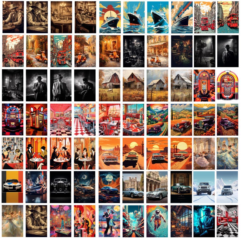 Pode incluir: Uma colagem de 64 imagens com v&aacute;rios temas vintage e retro. As imagens incluem carros, restaurantes, jukeboxes, barcos e pessoas com roupas vintage. As imagens t&ecirc;m um estilo colorido e nost&aacute;lgico.