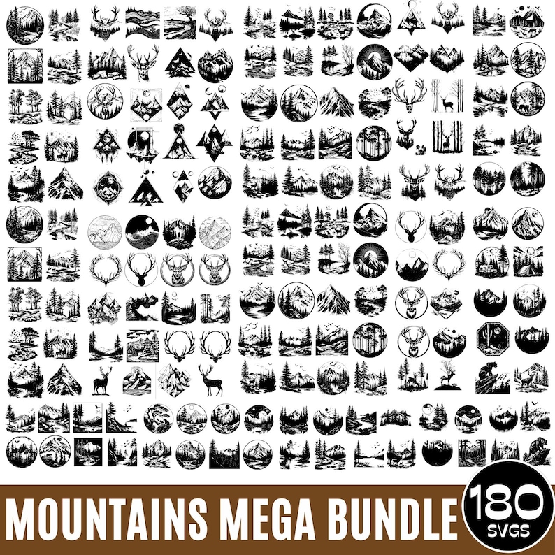 May include: A large collection of 180 black and white mountain landscape SVG designs. The designs feature various mountain ranges, trees, and other natural elements.