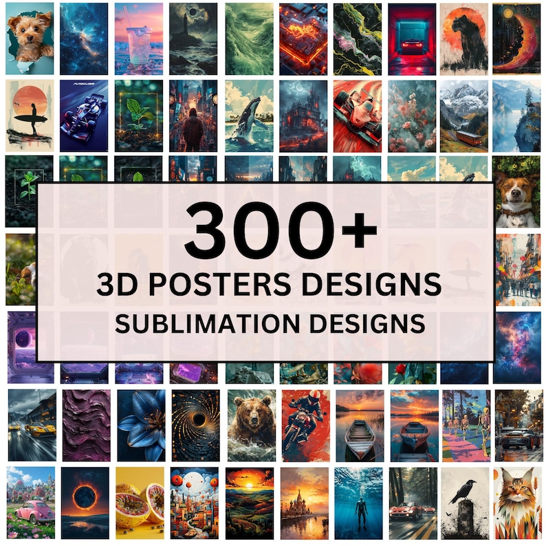 May include: A collage of over 300 colorful digital designs for 3D posters and sublimation projects. The designs feature a variety of themes and styles, including abstract, geometric, floral, and animal.