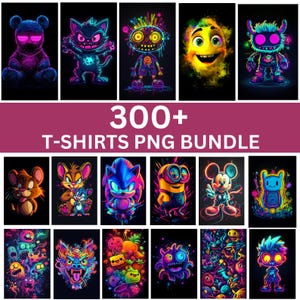 300+ T-Shirt PNG Bundle, Neon Glow Cartoon Charaktere & Fun Designs, T-Shirts für Männer, Frauen und Kinder, digitaler Download