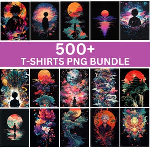 Plus de 500 t-shirts au format PNG, coucher de soleil rétro, paysages naturels et personnages d'anime populaires, téléchargement numérique