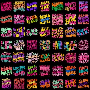 Puede incluir: Una colección de cuarenta y ocho pegatinas gráficas coloridas sobre un fondo negro, cada una con tipografía ondulada de estilo retro con frases motivacionales de fitness como 'Muscle Mama' y 'Gains Over Everything' en tonos vibrantes.
