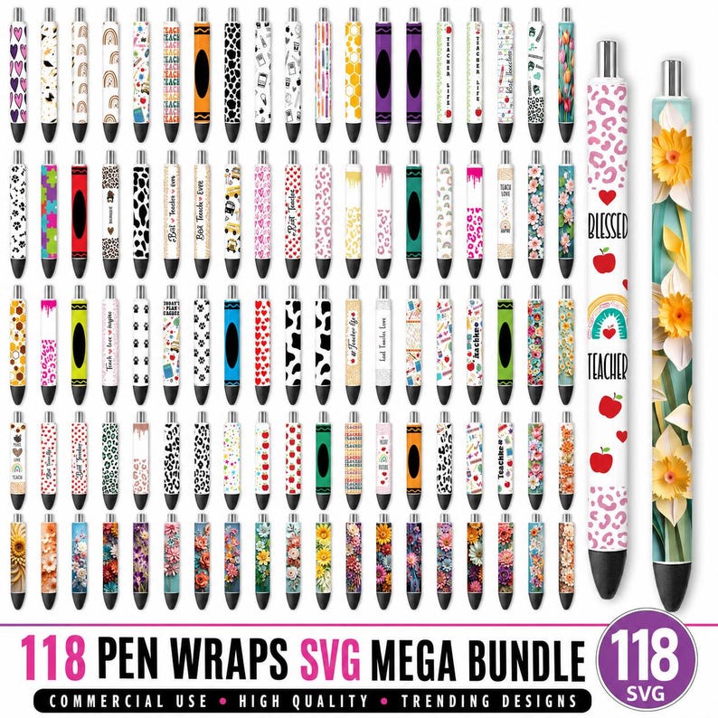118 Stifthüllen Mega-SVG-Bundle, Lehrer-Stifthüllen, Glitzerstiftmuster, Glitzerstifthüllen mit Fenster-Epoxidharz, Stifthüllen-Wasserschiebefolien, Epoxid-Stifthüllen Bild 1