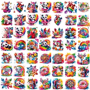 May include: A collection of colorful watercolor illustrations featuring various animals, crystals, and donuts. The images include a llama, panda, penguin, fox, and deer, with rainbow and floral accents. The artwork is vibrant and whimsical.