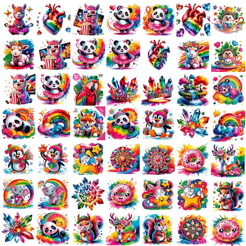 May include: A collection of colorful watercolor illustrations featuring various animals, crystals, and donuts. The images include a llama, panda, penguin, fox, and deer, with rainbow and floral accents. The artwork is vibrant and whimsical.