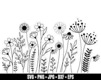 Puede incluir: Ilustración en blanco y negro de varias flores silvestres y follaje. La imagen incluye margaritas, girasoles y otros elementos florales. La parte inferior de la imagen contiene el texto "SVG + PNG + JPG + DXF + EPS".