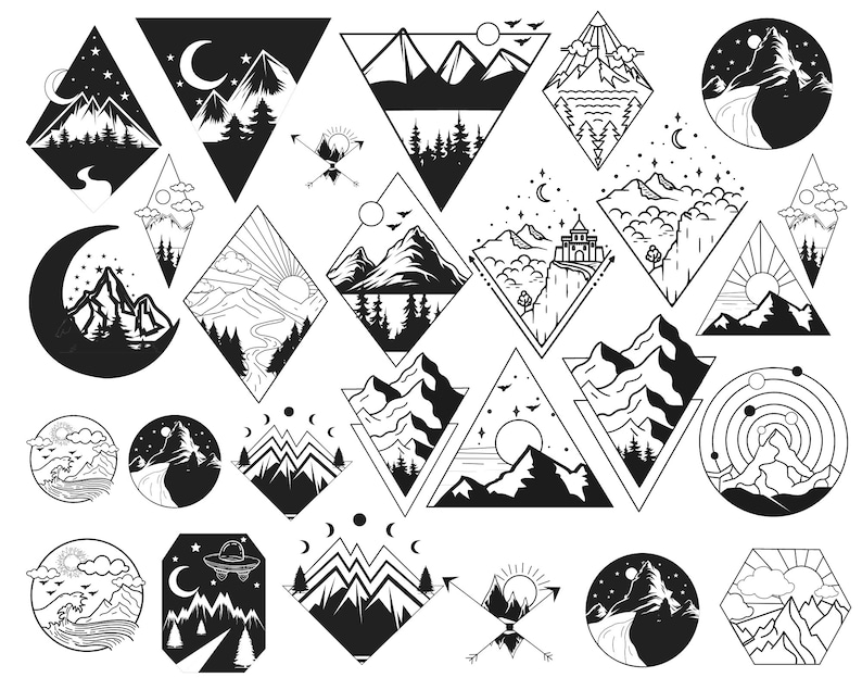 May include: A collection of 28 black and white illustrations of mountains, stars, moons, and other nature-inspired elements. The illustrations are in various shapes, including circles, triangles, and diamonds.