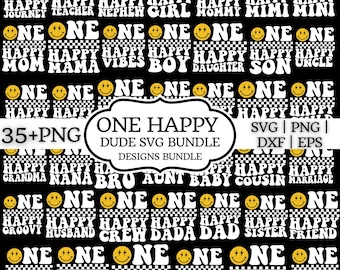Paquete de más de 35 SVG de "Un tipo feliz", "Una familia feliz" (PNG), "Familia de cumpleaños" (DXF), "Carita sonriente retro" (EPS), "Primer cumpleaños de niño y niña", paquete digital