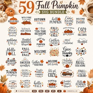 May include: A digital collection of 59 fall-themed pumpkin designs featuring various typography and autumn illustrations. The bundle includes phrases like Hello Fall, Autumn Vibes, and Sweater Weather, presented in black and orange colors.