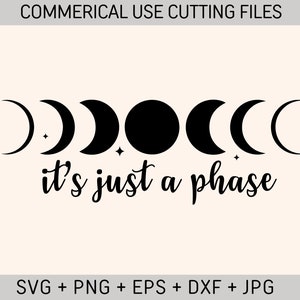 Puede incluir: Diseño gráfico en blanco y negro con una luna creciente en varias fases con el texto "it's just a phase".