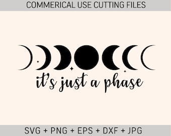 May include: Black and white graphic design featuring a crescent moon in various phases with the text "it's just a phase".