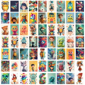 May include: A colorful digital collage of 100 illustrations featuring whimsical characters, animals, and abstract designs. The illustrations are arranged in a grid pattern and feature a variety of colors, including blue, green, red, yellow, and purple.