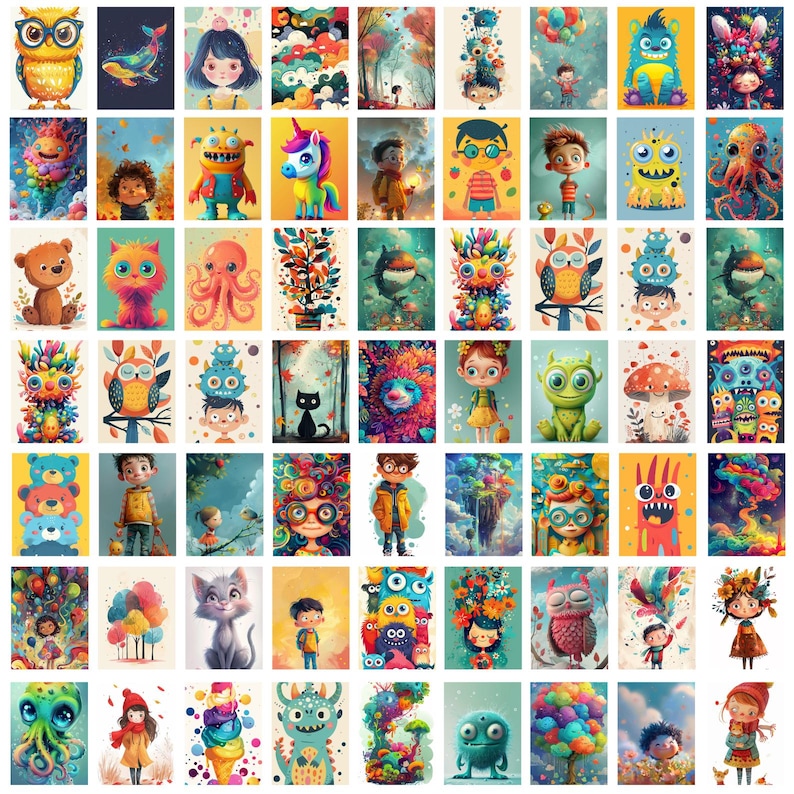 May include: A colorful digital collage of 100 illustrations featuring whimsical characters, animals, and abstract designs. The illustrations are arranged in a grid pattern and feature a variety of colors, including blue, green, red, yellow, and purple.