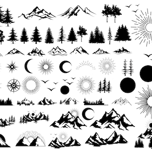 May include: A collection of black and white illustrations featuring mountains, trees, suns, moons, and stars. These illustrations are perfect for creating digital or physical designs.