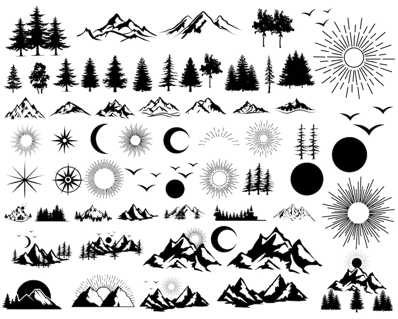 May include: A collection of black and white illustrations featuring mountains, trees, suns, moons, and stars. These illustrations are perfect for creating digital or physical designs.