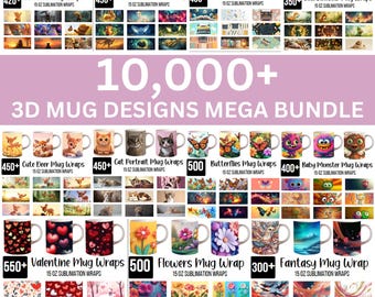 Puede incluir: Una colección de más de 10.000 diseños de tazas 3D para sublimación. Los diseños incluyen animales lindos, mariposas, flores y temas de fantasía. Cada diseño está disponible en envolturas de taza de 15 oz.