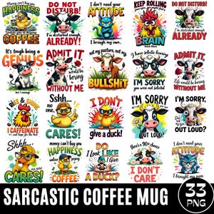 Puede incluir: Una colección de 20 diseños coloridos y sarcásticos para tazas de café. Cada diseño presenta un personaje animal diferente con frases humorísticas como «No necesito tu actitud» y «¡No molestar!». Las tazas están diseñadas para quienes aprecian el humor.