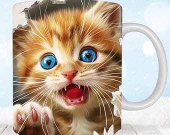 3D Cute Cat Mug Wrap, 11 oz & 15oz Mug Wrap Sublimation Designs, 3D Kitten Hole In A Wall Mug, Cute Cat Mug Press Design