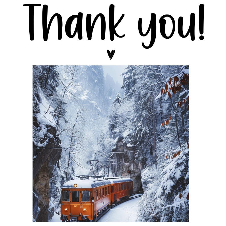 May include: An orange train travels through a snowy forest. The train is surrounded by tall, snow-covered trees. The train is traveling on a track that winds through the forest.
