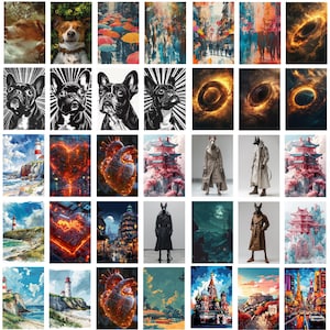 May include: A collection of 36 different paint by number kits featuring a variety of subjects, including animals, landscapes, and abstract designs. The kits are arranged in a grid pattern and are all in different colors.