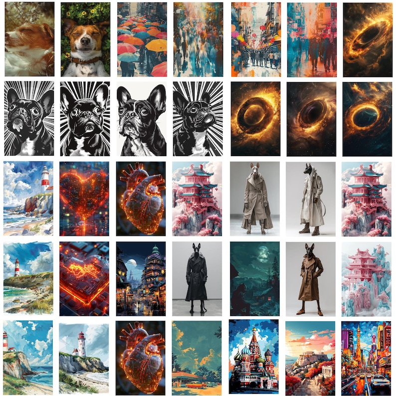 May include: A collection of 36 different paint by number kits featuring a variety of subjects, including animals, landscapes, and abstract designs. The kits are arranged in a grid pattern and are all in different colors.