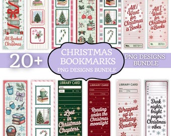 May include: A collection of Christmas-themed bookmarks with various designs. Some bookmarks feature stacks of books, Christmas trees, and festive phrases like "All I Want for Christmas is Books." The bundle includes library card-style bookmarks.