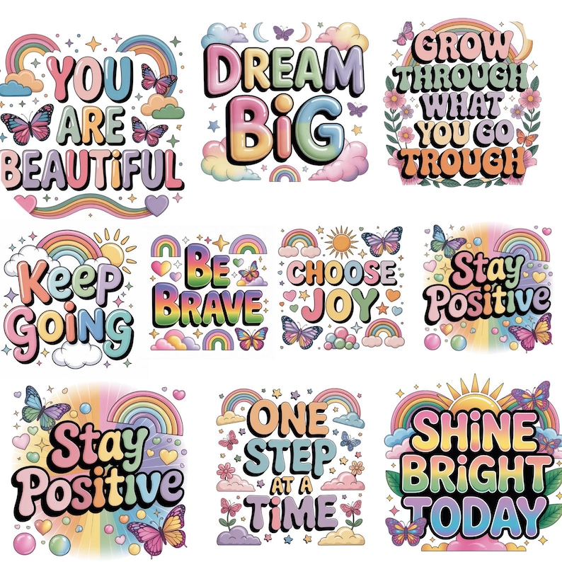 Op de afbeelding: Een verzameling kleurrijke, inspirerende ontwerpen met regenboog- en vlindermotieven. Elk ontwerp bevat positieve affirmaties zoals "Je bent mooi", "Droom groot" en "Schijn helder vandaag". Geschikt voor diverse toepassingen.