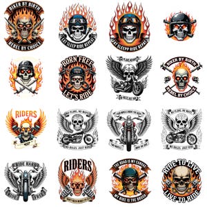 以下が含まれることがあります： スカル、炎、オートバイを特徴とする、オートバイをテーマにしたグラフィックデザインのコレクションです。各デザインには、「Biker by Birth」、「Ride Hard」、「Eat Sleep Ride Repeat」などのテキストが含まれています。デザインは赤、オレンジ、黒、白の色合いです。