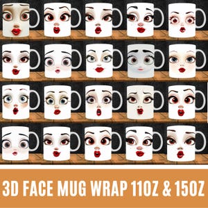 3D lustige Gesichter Becher Wrap Bundle, 11 Unze und 15 Unze Becher Bundle Sublimation, lustiger sarkastischer 3D Becher, lustige Cartoon Gesichter Becher Png, digitaler Download
