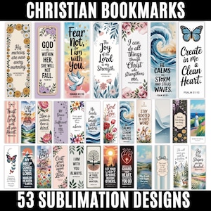 Peut inclure: Une collection de 53 marque-pages chrétiens avec divers motifs et citations inspirantes. Les marque-pages présentent des images florales, naturelles et religieuses, avec des textes comme "Fear Not" et "Create in Me a Clean Heart."