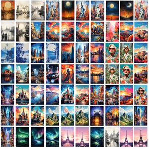 Pode incluir: Uma cole&ccedil;&atilde;o de 60 kits de pintura por n&uacute;meros diferentes, apresentando v&aacute;rios cen&aacute;rios urbanos, paisagens e retratos. Os kits incluem uma tela, tintas acr&iacute;licas e pinc&eacute;is.