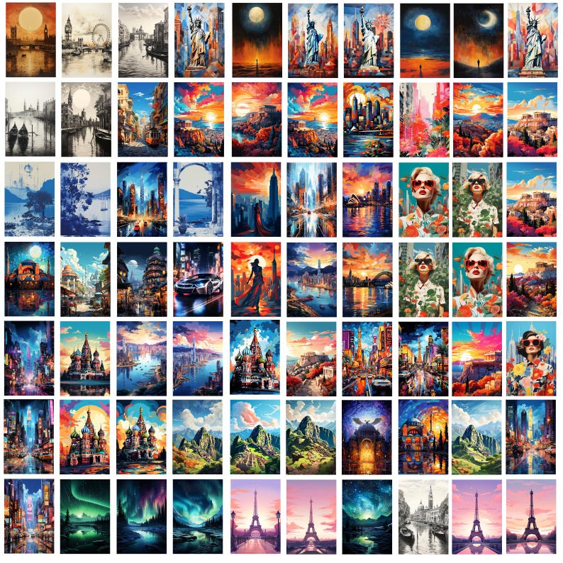 Pode incluir: Uma cole&ccedil;&atilde;o de 60 kits de pintura por n&uacute;meros diferentes, apresentando v&aacute;rios cen&aacute;rios urbanos, paisagens e retratos. Os kits incluem uma tela, tintas acr&iacute;licas e pinc&eacute;is.