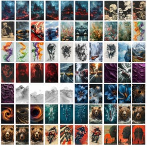 May include: A collage of 60 images featuring a variety of themes, including nature, animals, abstract art, and fantasy. The images are arranged in a grid pattern and are all in a similar style.