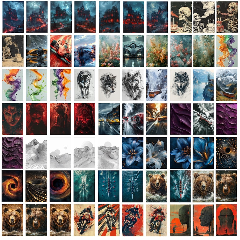 May include: A collage of 60 images featuring a variety of themes, including nature, animals, abstract art, and fantasy. The images are arranged in a grid pattern and are all in a similar style.