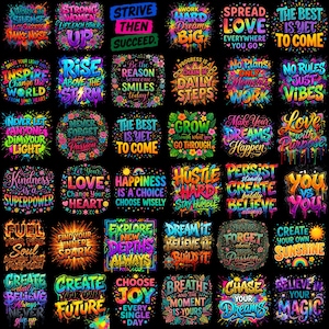 Peut inclure: Une collection de trente designs graphiques carrés présentant une typographie multicolore vibrante et des motifs artistiques sur fond noir. Chaque carré affiche des phrases de motivation uniques avec des éclaboussures de peinture.