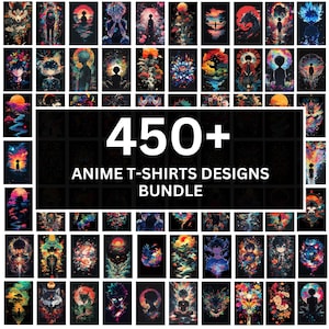 450+ Anime T-Shirt Designs PNG Bundle mit künstlerischen Charakteren, lebendigen Szenen und weiteren schönen Designs, digitaler Download