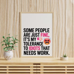 K&ouml;nnte beinhalten: Gerahmter Druck mit dem Text "SOME PEOPLE ARE JUST FINE, IT'S MY TOLERANCE TO IDIOTS THAT NEEDS WORK." Der Text ist schwarz und rosa, mit einem w&uuml;tenden Emoji. Der Rahmen ist hellbraun, und der Hintergrund ist eine Holzwand.