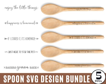 May include: Set of five wooden spoons with different engraved sayings, including "enjoy the little things", "happiness is homemade", "if I stirred it, it's homemade", "just here to stir the pot", and "bakers gonna bake".