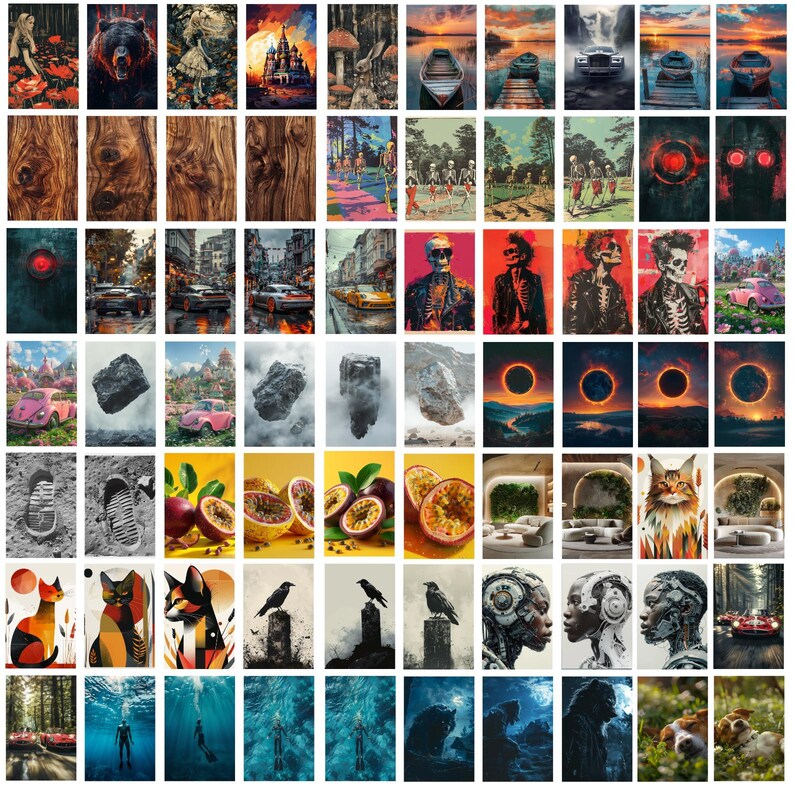 May include: A collage of images featuring various themes, including nature, animals, abstract art, and cityscapes. The images are arranged in a grid pattern and include a bear, a castle, a forest, a city street, a cat, a skull, and a sunset.