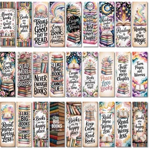 May include: A collection of rectangular bookmarks featuring various illustrations of stacked books, floral accents, and whimsical clouds. Each bookmark displays unique motivational text about reading, such as Reading is Magic and Books are my happy place.