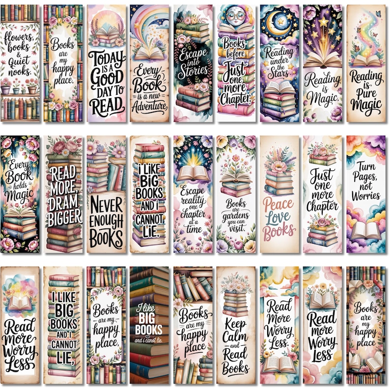 May include: A collection of rectangular bookmarks featuring various illustrations of stacked books, floral accents, and whimsical clouds. Each bookmark displays unique motivational text about reading, such as Reading is Magic and Books are my happy place.