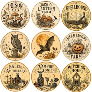Peut inclure: Un ensemble de neuf autocollants circulaires présentant des illustrations de style vintage sur les thèmes de la sorcellerie et de l'automne. Les motifs incluent Poison XXX, Jack O' Lantern Farm, Spellbound, un hibou, une chauve-souris, une citrouille, Salem Apothecary, Vampire Tonic et Witching Hour.