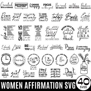 Pakiet Woman Affirmation SVG, She is me SVG, Pakiet Women Empowerment, Inspirujące SVG dla kobiet, Pozytywne cytaty, Cytaty dziewcząt SVG, Cricut