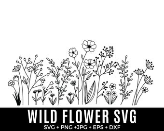 May include: Black and white line art illustration of a wildflower bouquet. The bouquet features various types of flowers and leaves, including daisies, clover, and ferns.