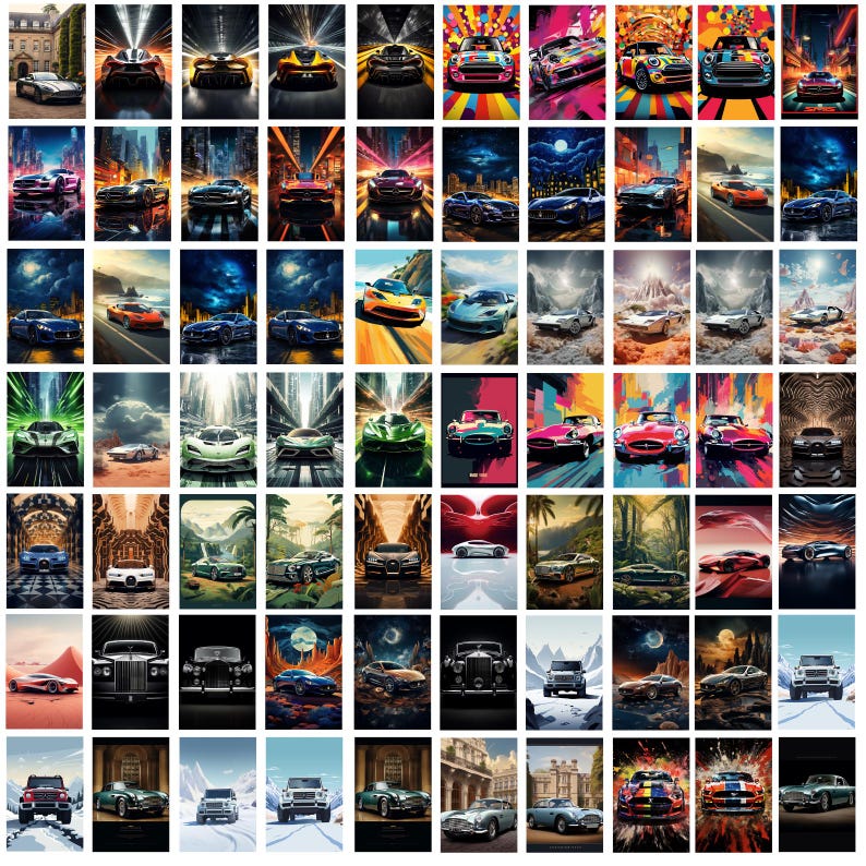 Pode incluir: Uma colagem de 64 imagens apresentando v&aacute;rios carros em diferentes estilos e cen&aacute;rios. Os carros s&atilde;o representados em uma variedade de cores, incluindo vermelho, azul, verde, amarelo e preto. Alguns dos carros s&atilde;o cl&aacute;ssicos, enquanto outros s&atilde;o modernos. As imagens s&atilde;o organizadas em uma grade, e cada imagem &eacute; cercada por uma borda branca.