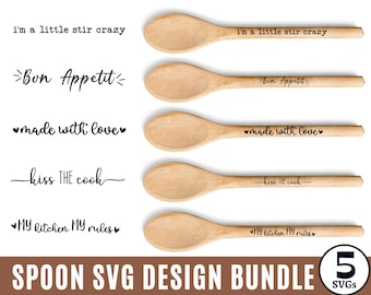 May include: A set of five wooden spoons with different kitchen-themed sayings engraved on them. The sayings include "I'm a little stir crazy", "Bon Appetit", "Made with love", "Kiss the cook", and "My kitchen my rules".
